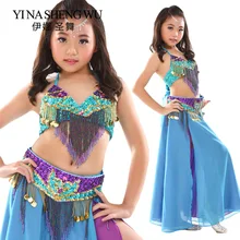 Комплект для танца живота для девочек, новые детские танцевальные тренировочные костюмы, шифоновая Одежда для танцев с бисером и кисточками, комплект из 2 предметов/3 шт