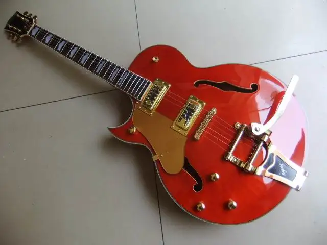 

Wholesale New Left Handed Gre tsch brian setzer Semi Hollow Body Jazz Electric Guitar Bigsby Tremolo Gold Hardware ORANGE 110810