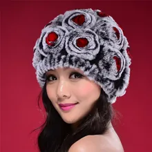 Русской зимы Шапки Хорошие эластичные Для женщин реального кролика рекс Кепки s цветы Skullies Кепки вязаный натуральный мех шапочки Женские шапки