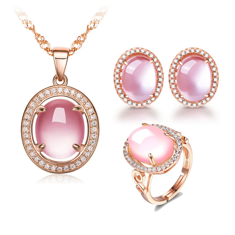 Ociki Rose Gold Color Jewelry Set Oval CZ Crystal Ross Quartz Pink Opal