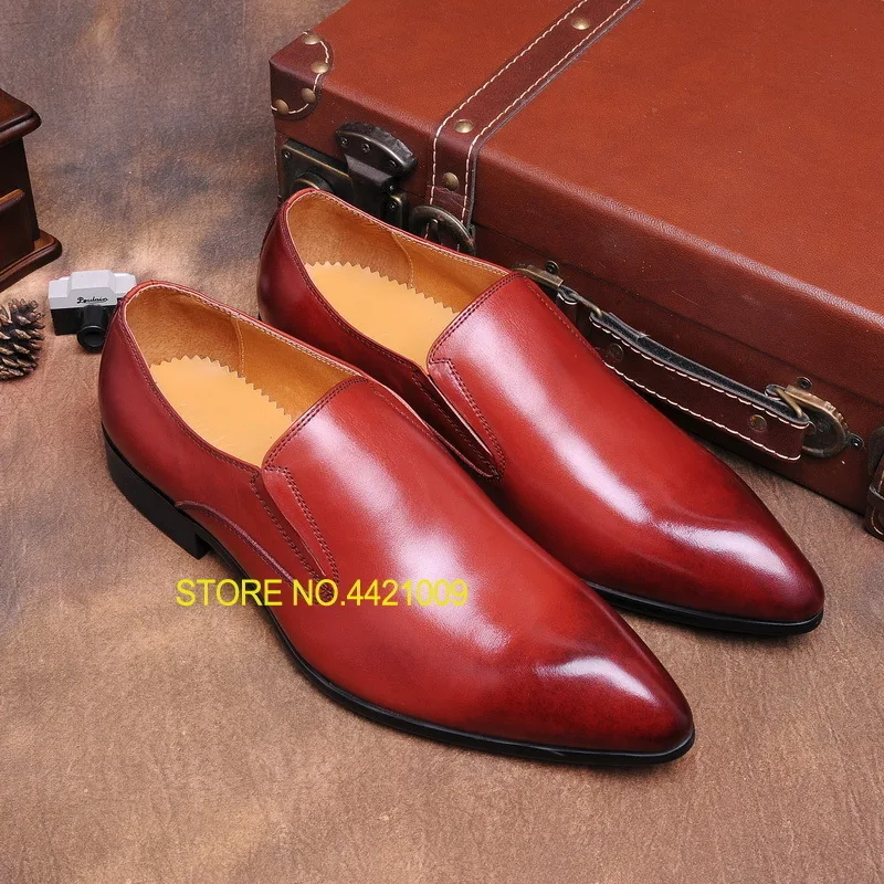 

Red Black Men Real Leather Slip On Handmade Pointed Toe Spring Autumn Dress Wedding Oxfords Shoes Man Business Office Shoes