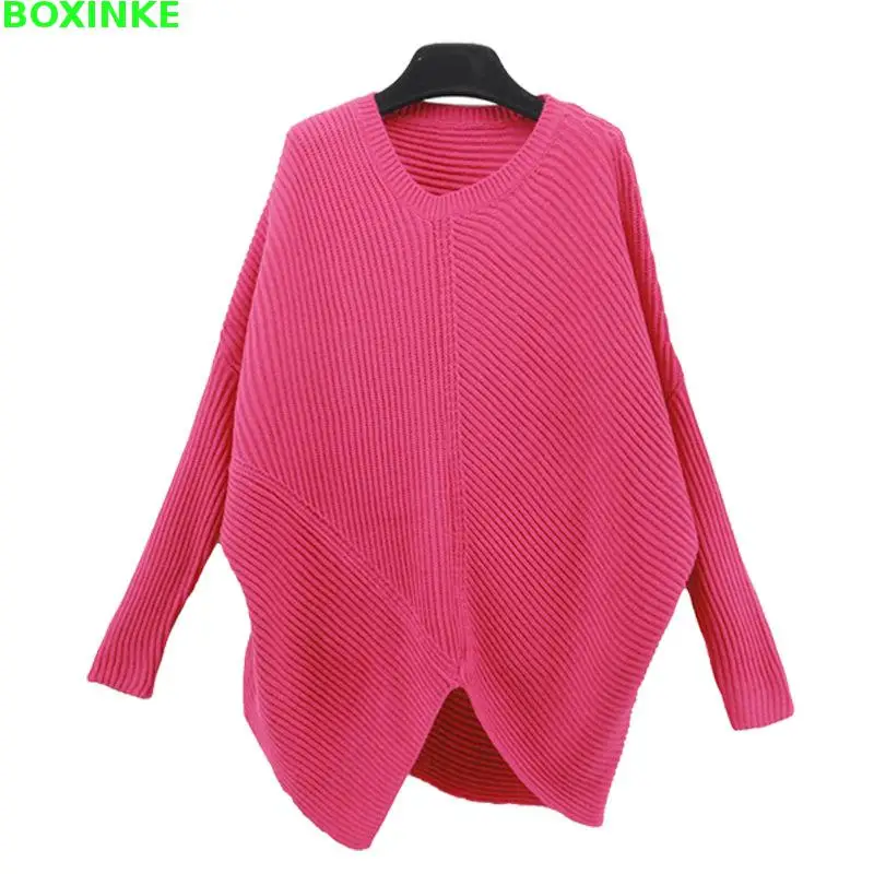 

Time-limited V-neck Casual Full Women Sweaters And Pullovers Large Size New Winter Sweater Fat Mm Loose Knit Cuff Bat Head