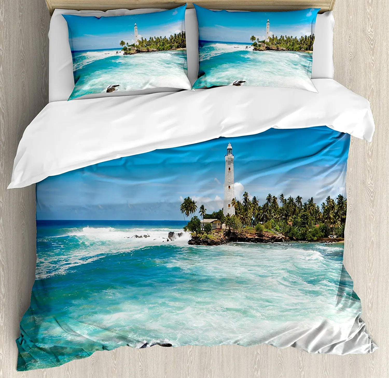 Lighthouse Decor Duvet Cover Set Tropical Island Lighthouse With