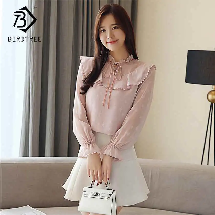 

2019 New Arrival Spring Korean Women Star Bow Stand Chiffon Blouse Fashion Shawl Flare Sleeve Office Lady Pink Top Hot T93217X