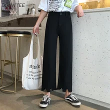 Джинсы женские кнопка с кисточкой карманные простые с высокой талией Прямые весенне-летние брюки простые Универсальные женские элегантные модные