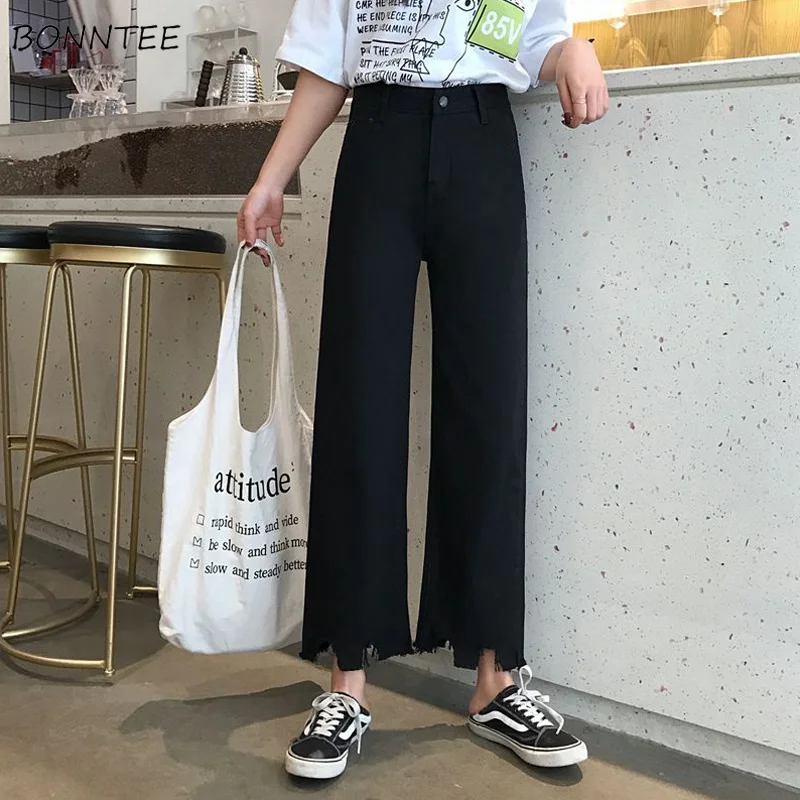 

Jeans Women Tassel Button Pocket Simple High Waist Straight Spring Summer Trousers Simple All-match Womens Lady Elegant Trendy