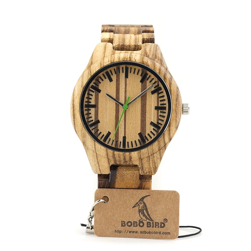 BOBO BIRD V-K28 Zebra Wood Wristwant Mens Style Wood Dial Green Second Hand Quartz Watch Wood/Leather Strap in Gift Box