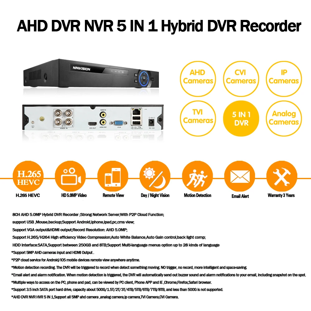 NIVISION 4CH 5MP H.265 супер CCTV Гибридный AHD NVR цифровой видеогеристратор обособленный для цифрового видео Регистраторы для AHD CVI TVI аналоговая IP камеры видеонаблюдения Камера