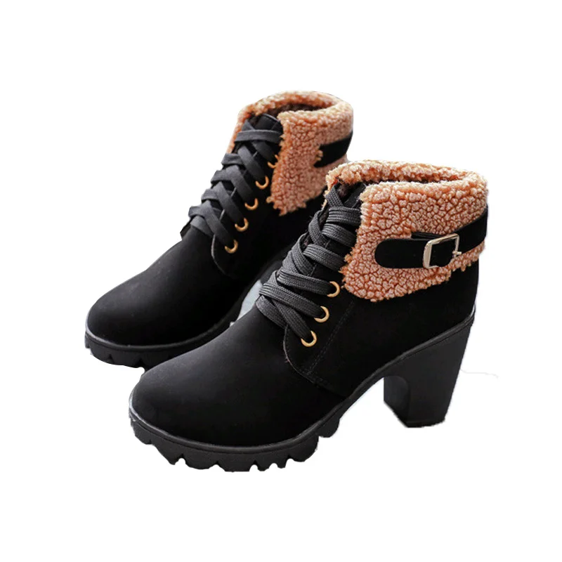 

2018New Autumn Winter Women's Boots Fashion Plush Thick with Martin Boots Head with Belt Buckle Waterproof Platform Female Boots