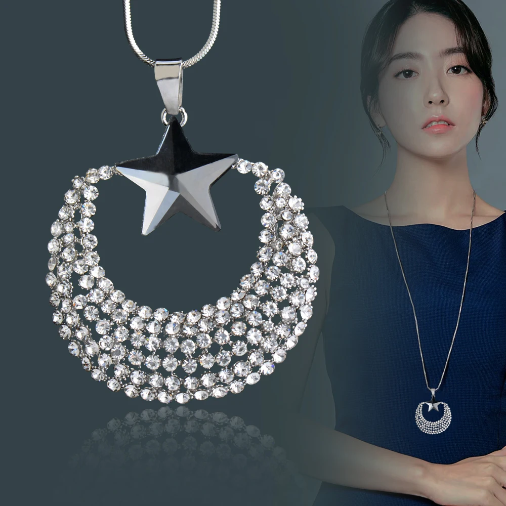 

SINLEERY Shining Rhinestone Hollow Moon Big Star Pendant Long Necklace Women Silver Color Chain Custom Jewelry Gifts MY438 SSB