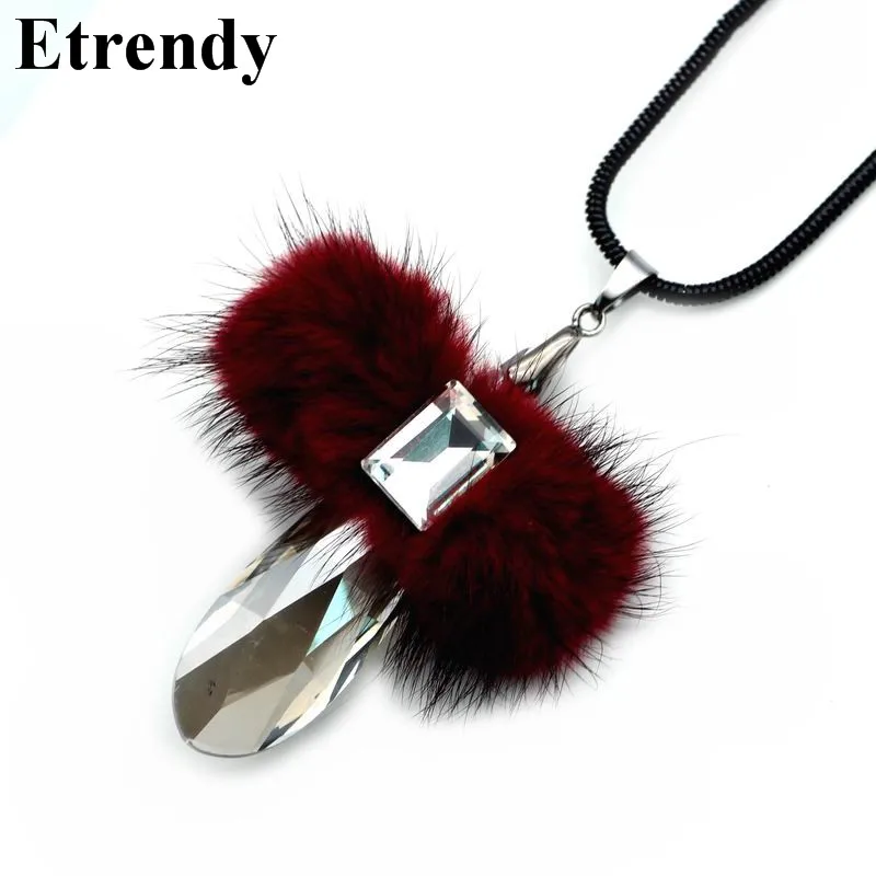 

Big Statement Crystal Long Necklace Women Bijoux Winter Fur Necklaces & Pendants Fashion Jewelry Wholesale Red Black Cute Gift