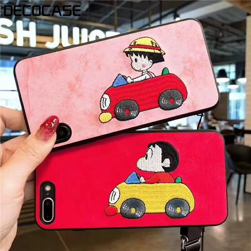 DECOCASE Cute PU Leather Pink Red Japan Anime Embroidery Women Couple Phone Cases for iPhone 6 6s 7 8 Plus X XR XS Max |