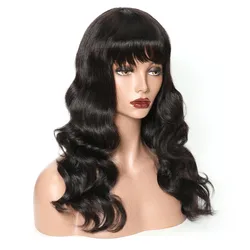 Pelucas de Cabello Humano de Onda Suelta Brasileña con Bang Hecho a Máquina Peluca de Onda Natural Brasileña sin Encaje 130% Densidad 1B Y 99J Pelucas de Cabello Humano de Onda Suelta Brasileña con Bang Hecho a Máquina Peluca de Onda Natural Brasileña sin Encaje 130% Densidad 1B Y 99J