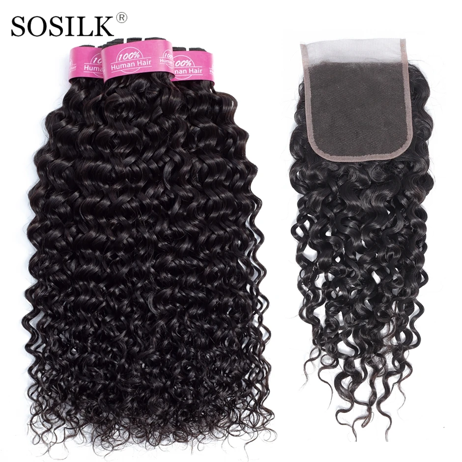 

Brazilian Water Wave Bundles With Closure Natural Color Remy Human Hair Lace Closure With 3 Bundles Deal So Silk Hair Store