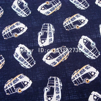 

140cmx50cm - Cotton Woven Fabric - Small bus on blue background