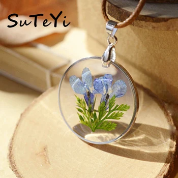 

SUTEYI Charms Dried flowers Necklace Main Epoxy Natural Flower Long Necklaces & Pendants Bronze Leather Rope Chain Jewelry