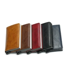 Męski wizytownik RFID aluminiowe etui na karty kredytowe 2020 najnowszy metalowy portfel skórzany antykradzieżowe męskie automatyczne etui na karty(China)