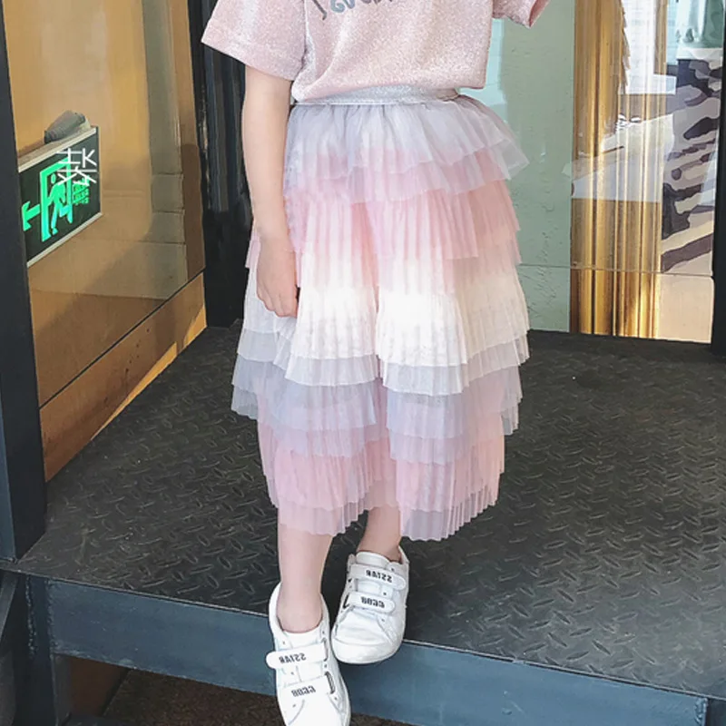 Милые девушки юбка принцессы модные Градиент Радуга Цвет юбки для маленьких девочек одежда 2018 Новая летняя многослойная юбка Детская