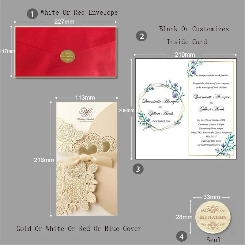 10pcs mariage Kit de carte d'invitation avec joints d'enveloppes d