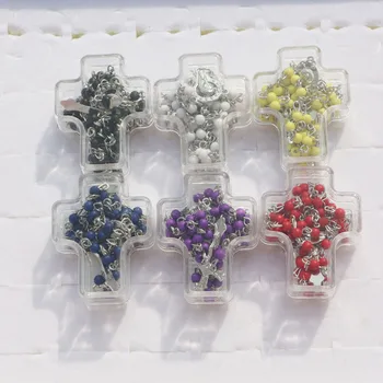 

6pcs Mix 6colors In Cross Box 4mm Beads Rosary Chain/Religous Rosary Jesus Cross Virgin Mary Center Religious Necklaces