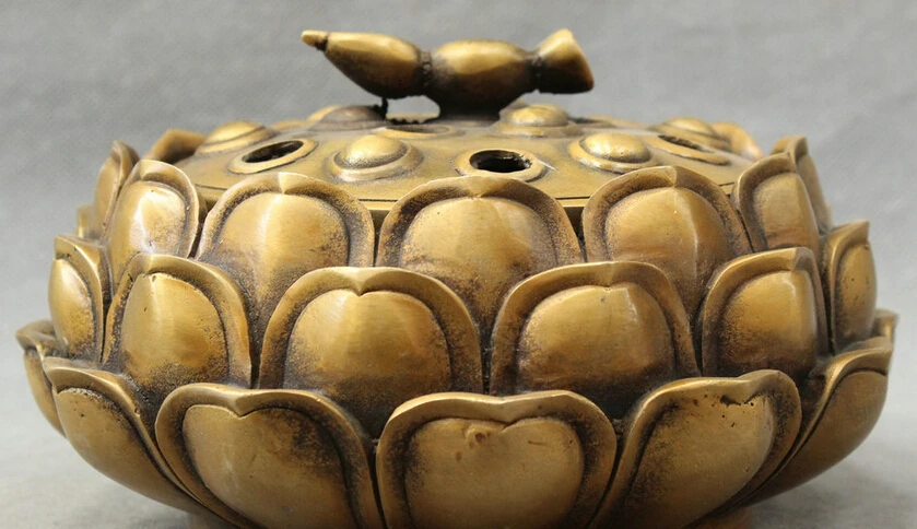 

JP S0608 8" Chinese Bronze Buddhism Lotus Root Statue Wealth Box Incense Burner Censer