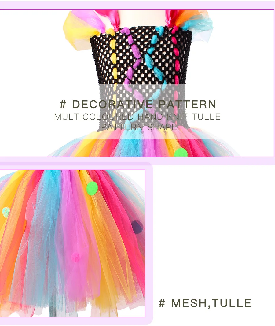Funky Coloured Clown Style Girls Tutu Dress Circle Embellished Children Tulle Dress for Halloween Parties Role Play Fancy Dress (3)