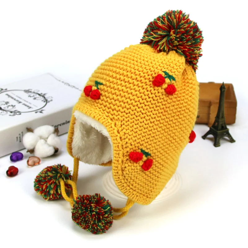 Cheery Knit Baby Hat Warm Velvet Winter Hat For Girls Ear Protect Lace Up Baby Beanie Pompom Cute Toddler Hat Baby Girl Clothing (4)