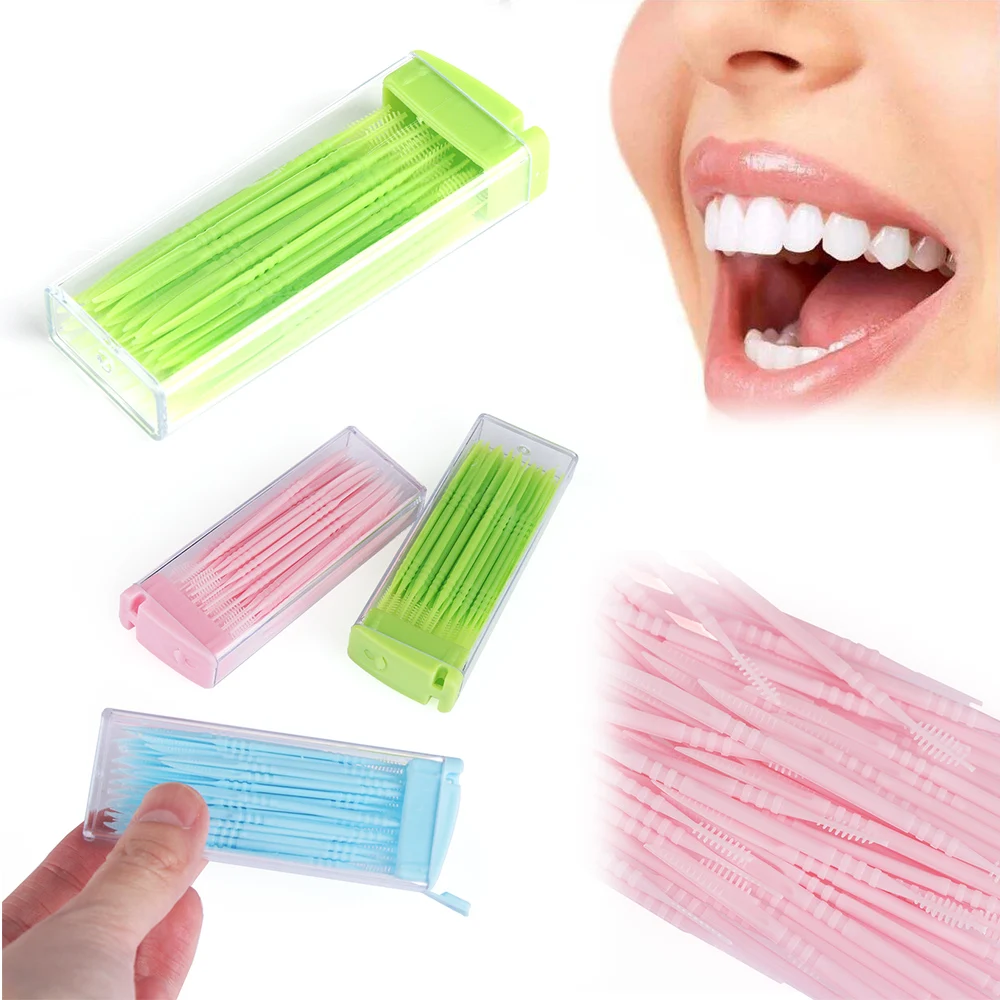 

Random Color!! 50 PCs/Box Double Head Interdental Brush Floss Dental Brush Portable Toothpick Oral Care Tooth Cleaning