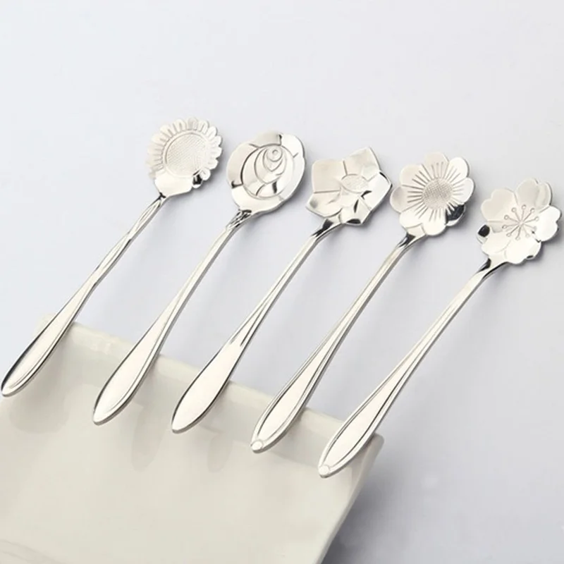 5pcs Tea Spoon Ice Cream Coffee Scoop Stainless Steel Flower Shape Soup Spoon Tableware Five Style For Choose