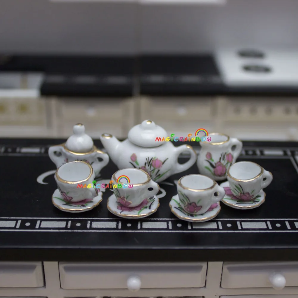

Porcelain Mini Cup Saucer Teapot Pot Coffee Tea Set Flower Dollhouse Miniatures 1:12 Tableware