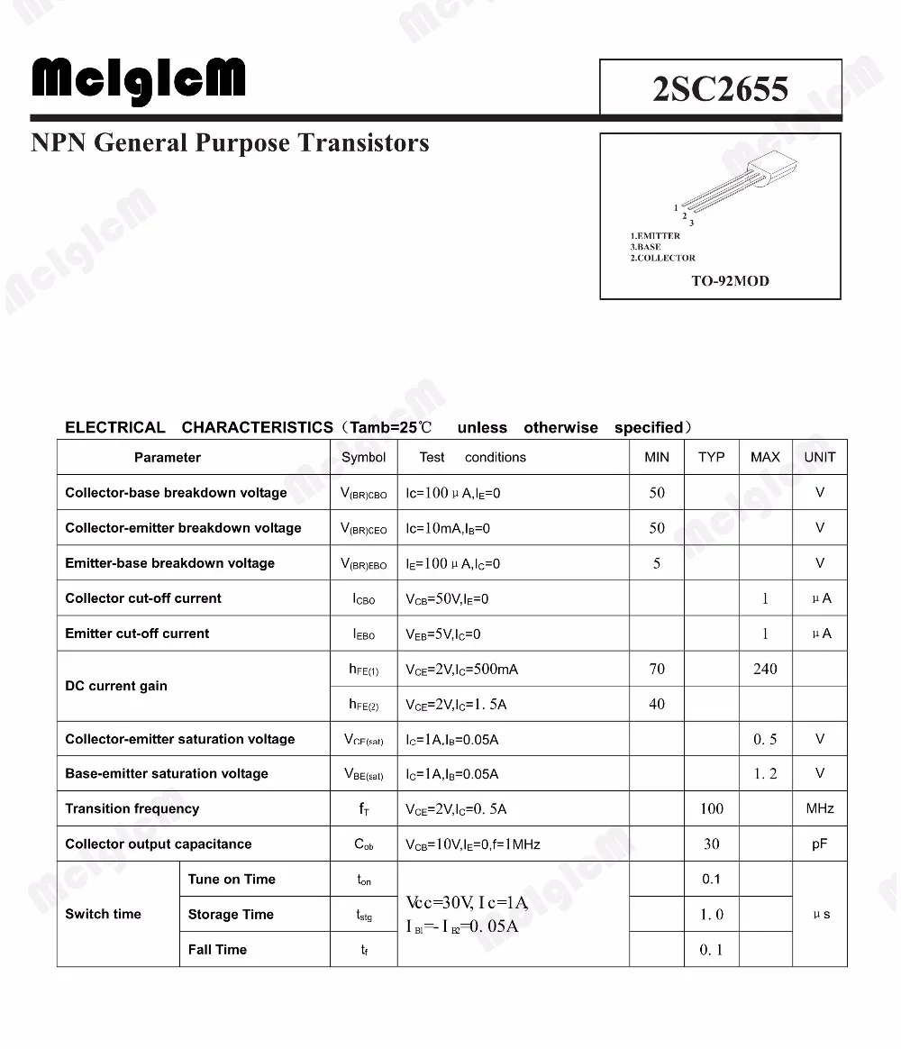 MCIGICM 100 шт. C2655-Y 2SC2655 C2655 в он-лайн полупроводниковый Триод TO-92L 2A с алюминиевой крышкой, 50В Силовые транзисторы NPN