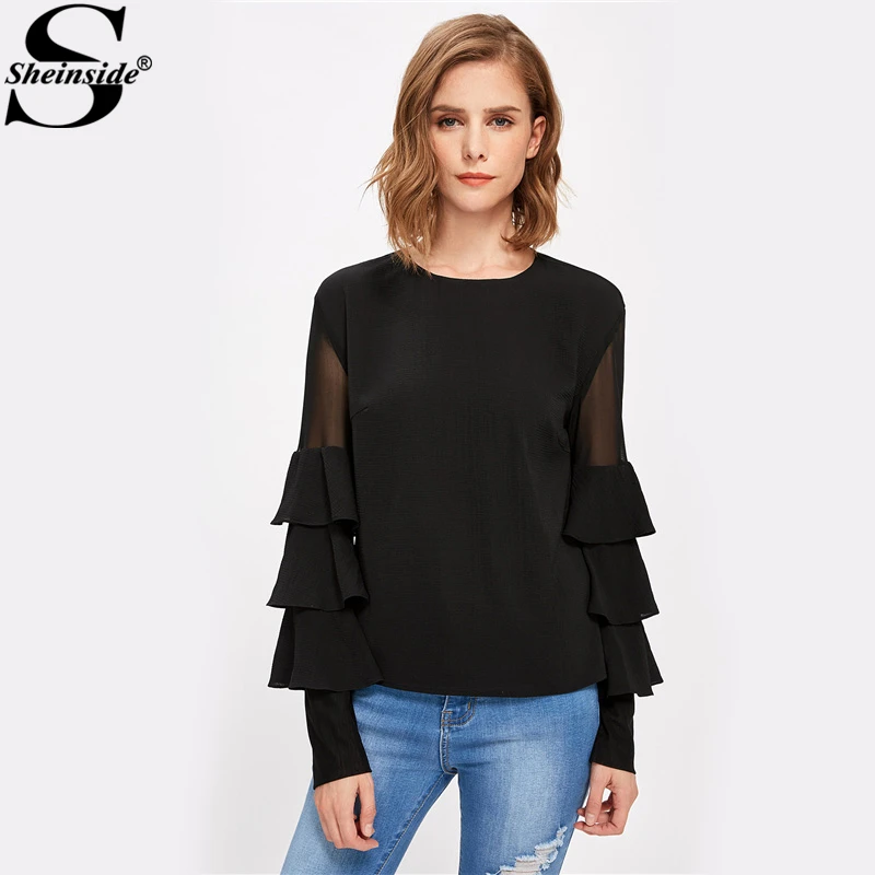 Aliexpress.com : Buy Sheinside Black Ruffle Long Sleeve Women Shirts ...