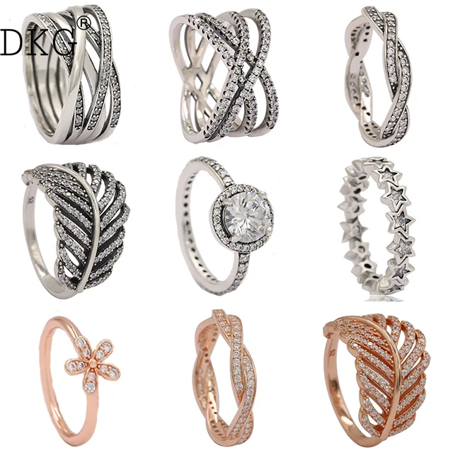 

925 Sterling Silver Crystal Feather Five-pointed Star Entwined Love Floral Charm Ring Fit for Original Women's DIY Jewelry