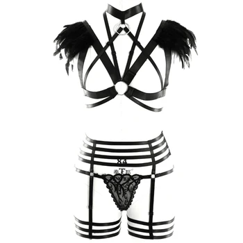 

1 Set Black Harness Shoulder Wings Feather Epaulette Cage Tops halter with Garter Belts Leg harness Sexy Lingerie Clothing