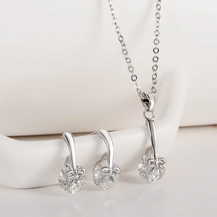 

Free Shipping Wedding Accessories Wholesale CZ Crystal Silver Plated Bow Jewelry Set For Women