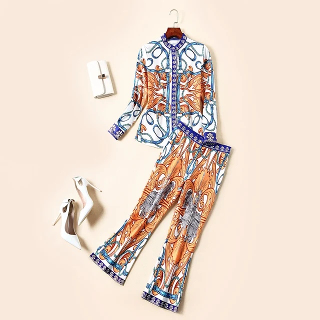 Best Offers 2019 Fashion Designer Women Spring Summer Sets Long Sleeve Vintage Print Elegant Blouse + Slim Hip Pencil Pants Two-piece Suit