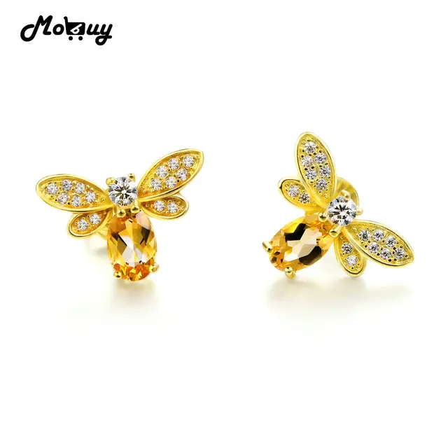 Mo Mbei041 Natural Citrine Lovely Bee Stud Earrings 925 Sterling Mo Mbei041 Natural Citrine Lovely Bee Stud Earrings 925 Sterling Silver Jewelry 14k Yellow Gold Plated