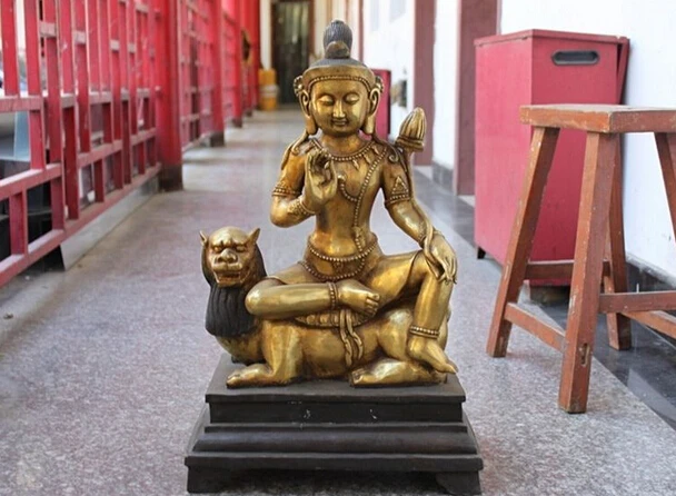 

wholesale factory 24 Tibet Buddhism Bronze Copper Gild Kwan-Yin Ride Dragon beast Lion Statue