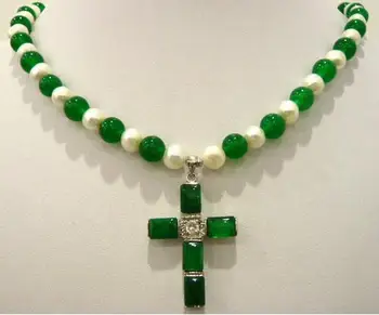 

boutique jewelry white pearl & green natural stone cross pendant necklace free shipping
