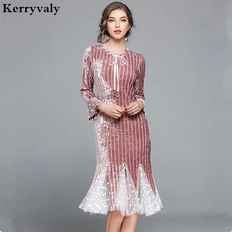 

Winter Pink Fishtail Knitted Velvet Dress Womens Dresses New Arrival 2019 Vestido Branco Long Sleeve Bodycon Dress K6145