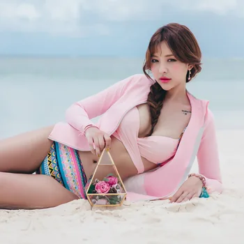 

Women 4-piece set Rash Guards Long Sleeve Front Zipper UV Sun Protection UPF 50+ Rashguard Swimsuit Swimwear Bikini Set Pink