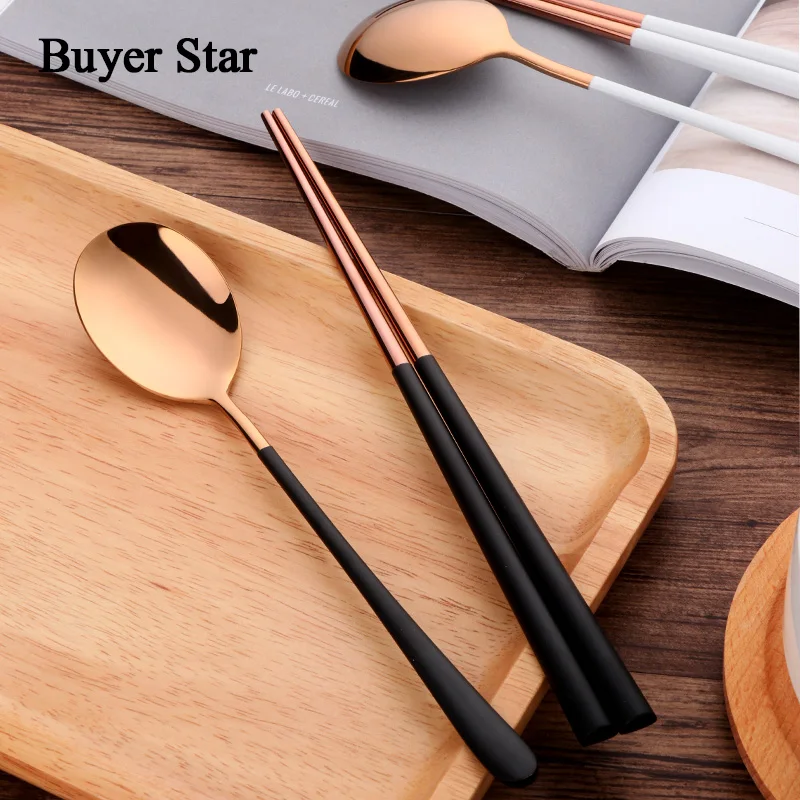Acessórios de Cozinha 304 Coreano Aço Inoxidável Pauzinhos Colher Set Reutilizável Preto Branco Hashi Sushi Varas