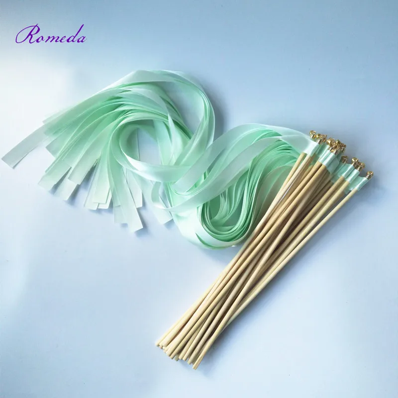 New Arrived 50Ppcs/lot light green stain ribbon wedding wands stick with gold bell ribon Stick Twirling Streamers for | Дом и сад