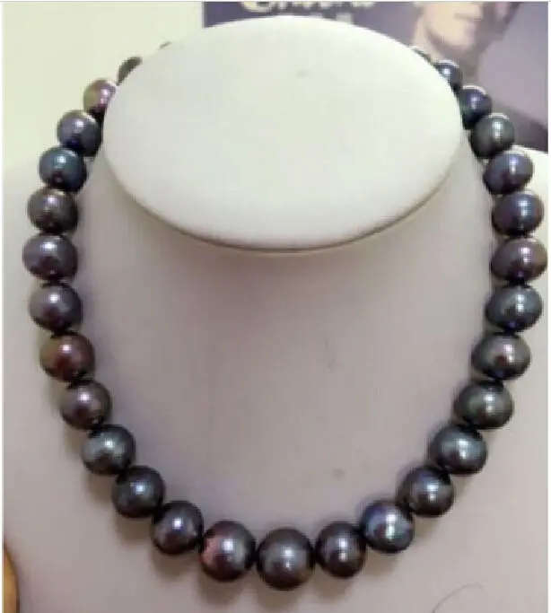 

Free Shipping HUGE RARE AAA+12-13mm natural south sea black pearl necklace 18" 14KGP r a()