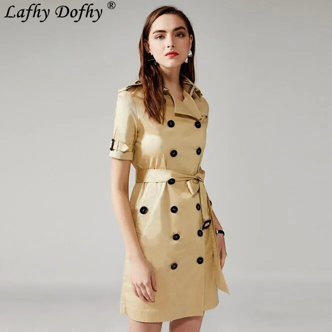 

Summer new European and American temperament suit collar short-sleeved waist windbreaker with double-breasted dress 002