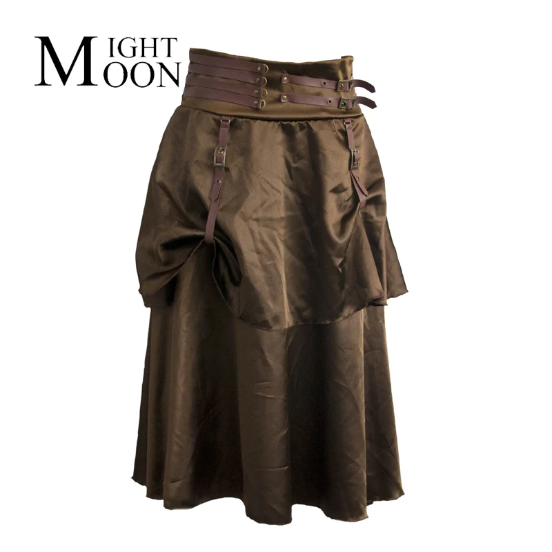 MOONIGHT Brown Layered Satén Falda Con Cinturón de Cintura y Correa de LA PU Faldas Góticas Steampunk Mujeres Partido Corsés y Bustiers