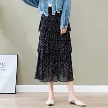 Женщины в горошек Женская плиссированная юбка оборками середины икры Новое лето-Весна Сладкий шифоновая вуаль женские юбки