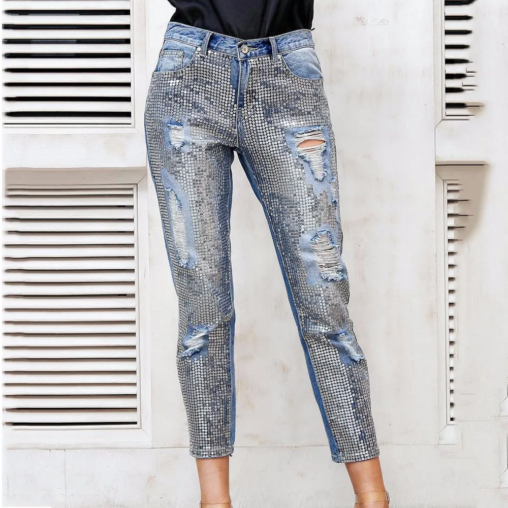 Блесток отверстие синий джинсы женские нижний уличная молния бахрома рваные джинсы середины талии свободные прямые джинсы длиной до