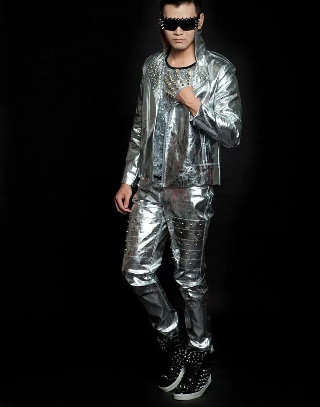 Мужские нормик серебро заклёпка брюки вилочная часть певица DJ ночной клуб шоу выступление бар ну вечеринку приталенный брюки костюм