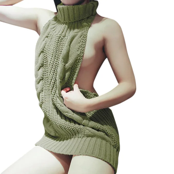 Японский сексуальный длинный свитер с открытой спиной, водолазка, без рукавов, на шнуровке, женский джемпер, пуловер, жилет, 5 цветов - Цвет: Армейский зеленый
